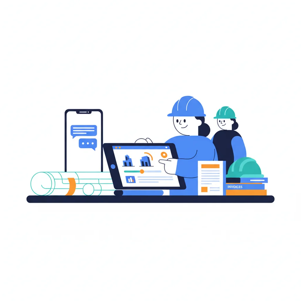 Oficina de construcción con planos y gestión de proyectos asistida por IA