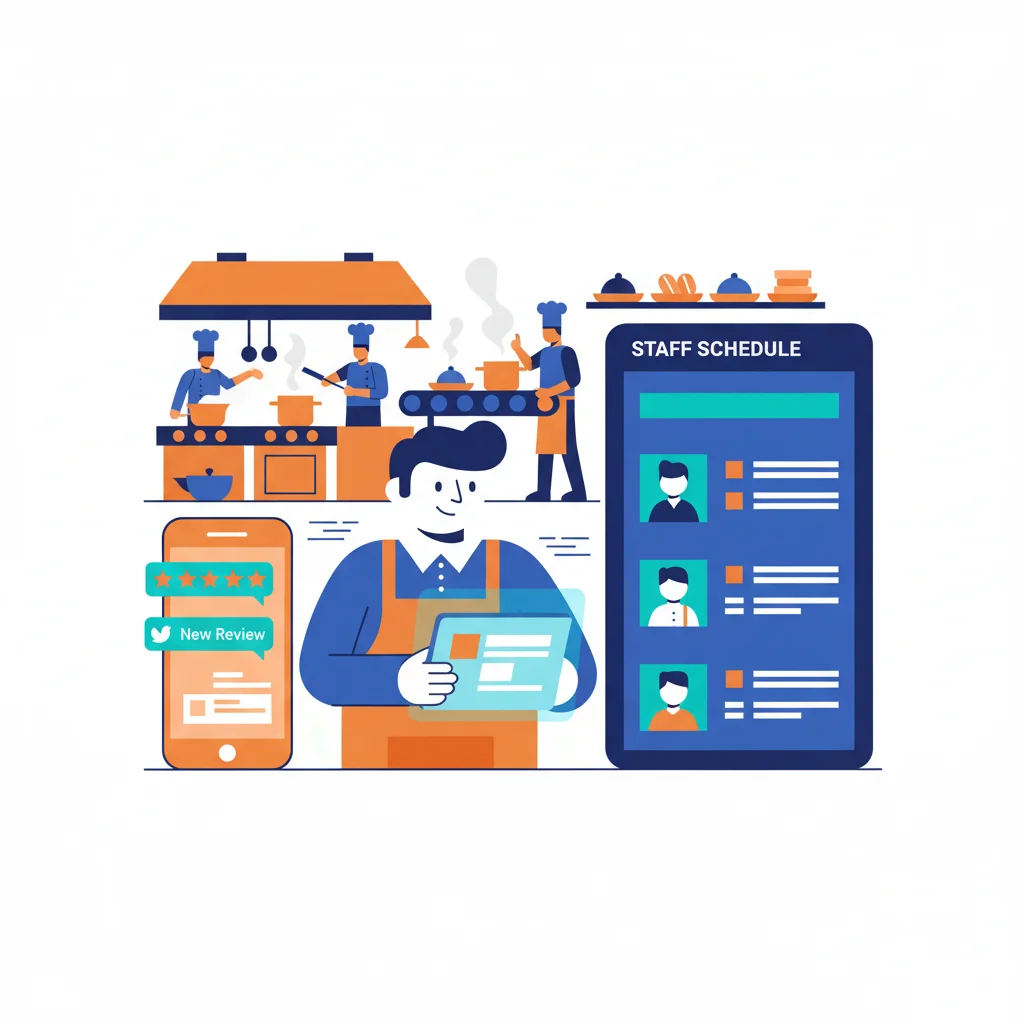 Gerente de restaurante con tablet gestionando reservas y pedidos con IA